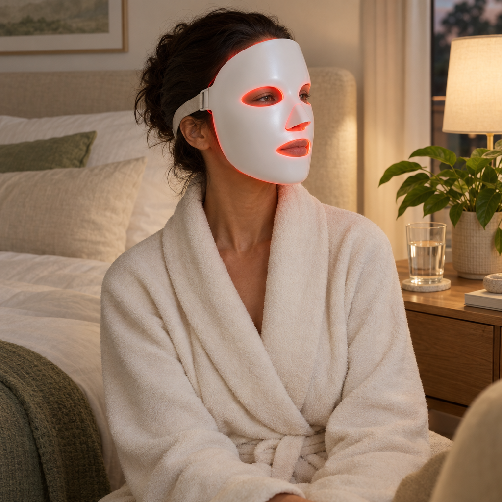 Person wearing an AuraSkin LED therapy mask at home